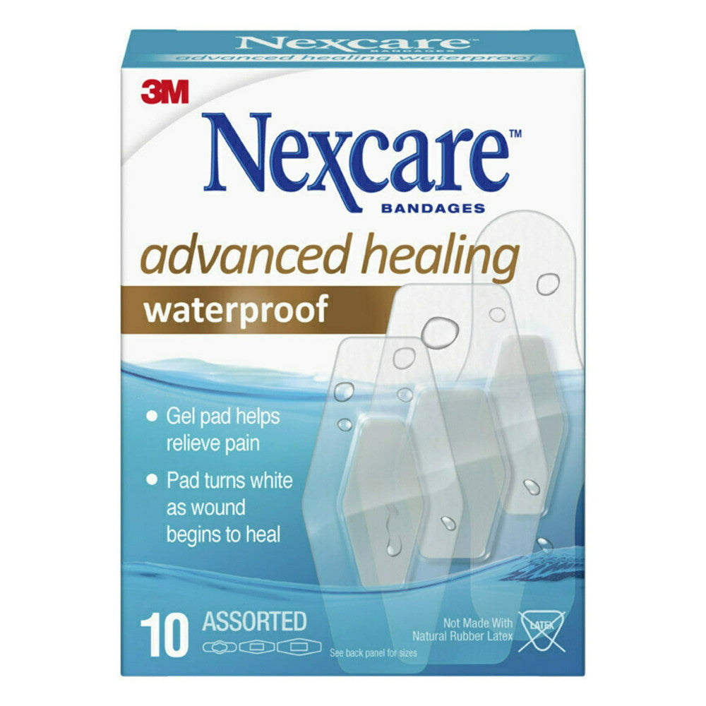 Nexcare Advanced Healing AWB10 Waterproof Bandages, Assorted Sizes, 10 Ea